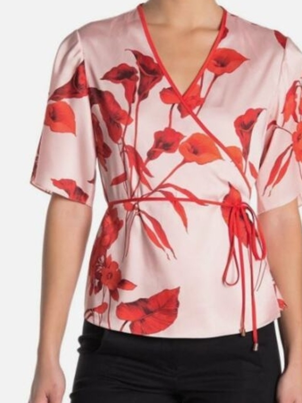 Ted Baker Melonyy Fantasia Pink Wrap Blouse Red Floral Print Tie Sz 2 Small